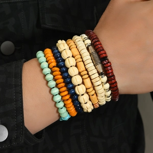 8-piece set of handmade bohemian wood bead bracelets with colorful elastic multi-layer design