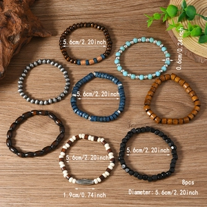 8pcs Bohemian vintage wood bead bracelet set with turquoise accents for women