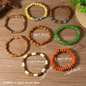 Set of 8 bohemian handmade wooden bead elastic bracelets in diverse natural colors