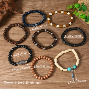 Eight-piece bohemian wooden bead bracelet set with feather and evil eye charms for men