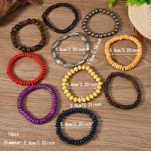 Bohemian retro wood bead bracelet set with 10 pieces for men and women on wooden table