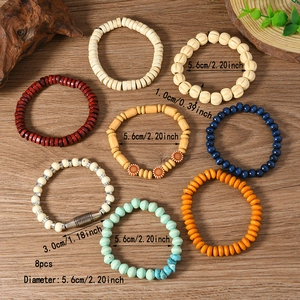 Set of 8 men's handmade beaded bracelets featuring colorful wood beads and vintage accents