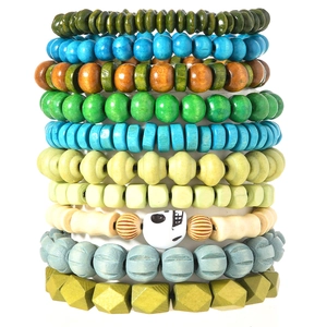 Colorful multilayered wooden bead bracelet set with skulls for men and women