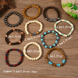 10-piece Bohemian beaded bracelet set for men and women with turquoise and wood beads