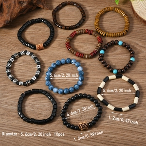 Lot de 10 bracelets bohèmes en perles de bois et marbre avec cordon élastique