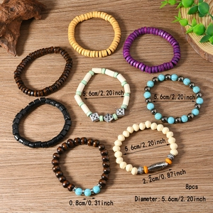 Lot de 8 bracelets vintage multicouches en perles de bois avec breloques bohèmes