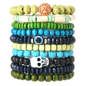Bohemian multilayer beaded bracelets set with colorful wood beads and skull charms