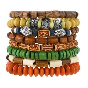 Set of 8 bohemian wooden beaded bracelets in various colors and ethnic styles for women and men