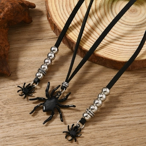 Gothic punk black spider pendant necklace with silver beads and leather cord for Halloween