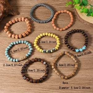 Lot de 8 bracelets en perles de bois vintage faits main pour hommes au style bohème