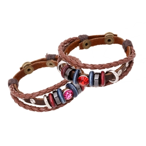 Bracciale in Vera Pelle Fatto a Mano Retro per Uomo Donna Stile Punk Vintage Intrecciato Multistrato con Strass e Lega Gioielli