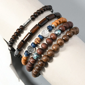 Five-piece vintage multilayer wooden bead bracelet set with silver tree of life pendants