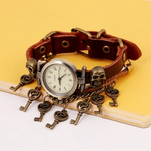 Retro punk leather bracelet watch with Roman numerals and metal skull key pendants
