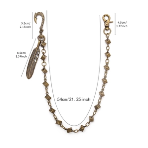 Detail of vintage bronze dice trousers chain with feather pendant and dimensions