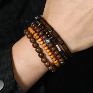 Vintage 5-piece multilayer wood bead bracelet set with lucky tree charms for men