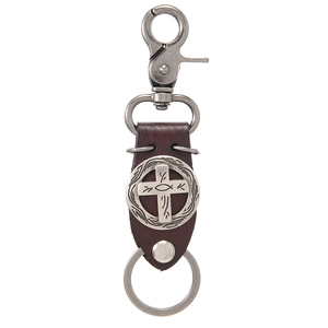 Punk Retro Cowhide Leather Cross Keychain For Men Vintage Hip Hop Alloy Pendant Waist Accessory Religious Jewelry Gift