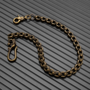 Vintage bronze skull wallet chain with lobster clasps for gothic biker style outfit