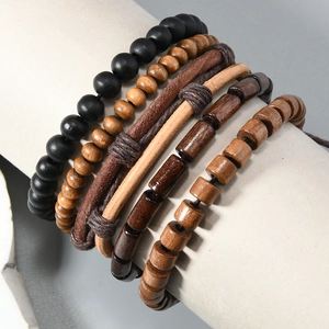 Retro multi-layer coconut shell wood beads and leather cord bracelet set for men