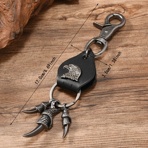 Vintage punk eagle head and claw leather keychain in antique silver, 17cm long