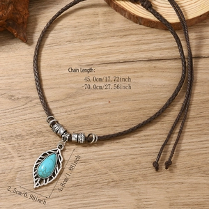 Collier ethnique bohème avec pendentif feuille creuse, turquoise et cordon réglable
