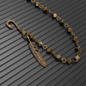 Retro punk bronze dice waist chain featuring carved feather pendant and fishhook clip