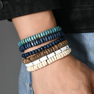 Five-piece set of bohemian wooden bead elastic bracelets in blue and walnut wood tones