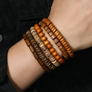 Handmade multilayer wood bead bracelet set for men featuring rustic bohemian ethnic style