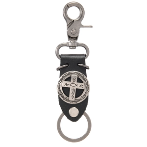 Punk style cross leather keychain with vintage metal lobster clasp for men's fashion