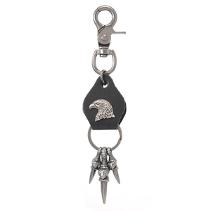 Punk eagle head pendant keychain with three talons and leather pad on a lobster clasp