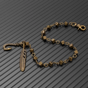 Vintage dice pants chain with feather pendant and fish hook in antique bronze metal