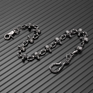 Retro punk skull wallet chain in antique silver finish for gothic motorcycle styling