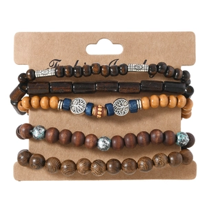 Retro 5-piece multilayer wood bead bracelet set with lucky tree alloy charms on card