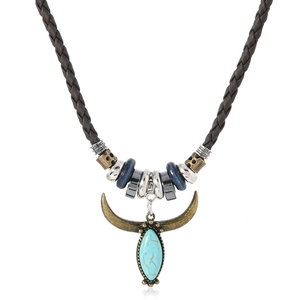 Retro Bohemian turquoise horn pendant necklace with dark brown woven PU leather chain