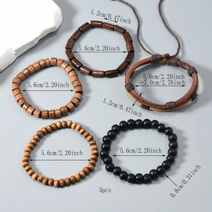 5-piece vintage multilayer wooden beads and leather wrap bracelet set for men