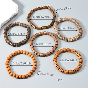 Set of 6 handmade men's beaded bracelets featuring vintage wood and coconut shell textures