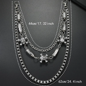 Three-layer silver metal pants chain with 3D skulls and bullets, 62cm hip hop accessory