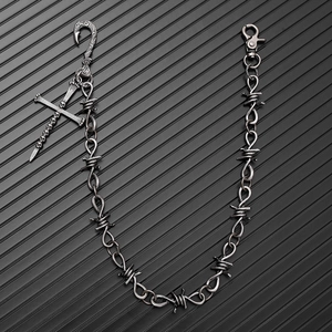 Chaîne de pantalon gothique en fil de fer barbelé avec pendentif croix tête de mort