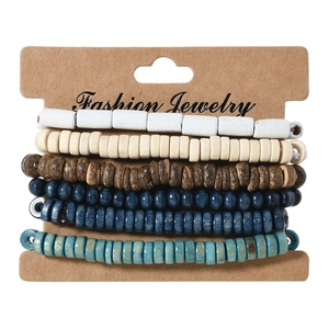Set of six handmade elastic wooden bead bracelets in bohemian blue and brown tones