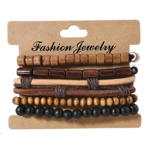 Retro multi-layer wooden bead and cowhide leather bracelet 5-piece set on display card