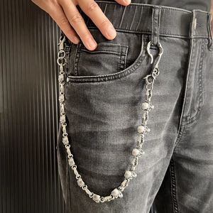 Retro punk skull wallet chain in silver metal finish for biker style on jeans