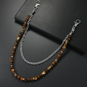 Double-layered hip hop waist chain with tiger eye beads and silver metal rings