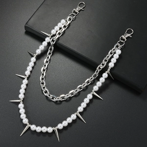 Multi-layer waist chain with silver punk spikes and white pearls for jeans decoration