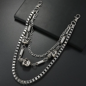 Multi-layer skull punk hip hop pants chain with silver spring links and lobster clasps
