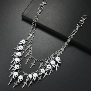 Punk silver multi-layer waist chain featuring white skull beads and metal crosses
