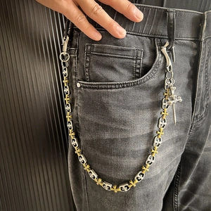 Chaîne de pantalon gothique à maillons croisés argentés et dorés pour style punk rétro