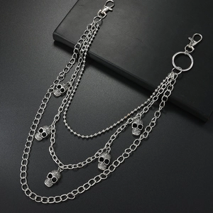 Three-layer silver punk wallet chain with metal skull pendants and lobster clasps