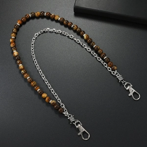 Double-layer tiger eye stone beaded belt chain with metallic punk style link