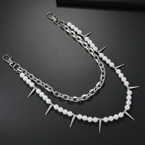 Dual-layer punk waist chain with silver spikes and white pearls for jeans and street style