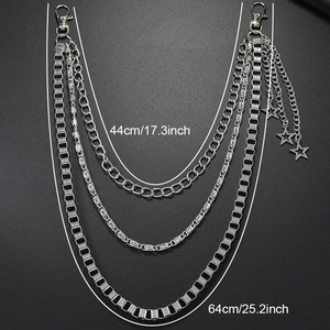 Detail of silver multi-layer metal waist chain with stars and size dimensions