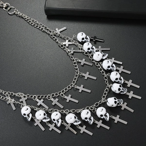 Multi-layer punk hip-hop waist chain with white skulls and silver metal crosses